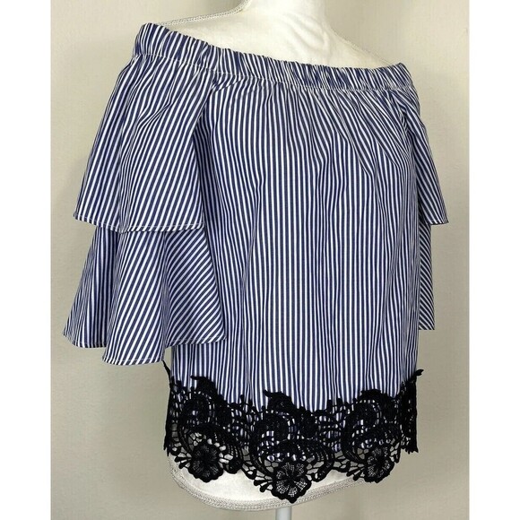ZARA Blue & White Striped Off the Shoulder Puff Sleeve Lace Blouse Size Medium - Picture 9 of 13